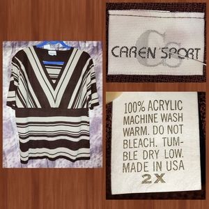 Caren Sport brand Brown & Khaki Striped Banded Soft Knit Sweater Top Jrs Sz 2X
